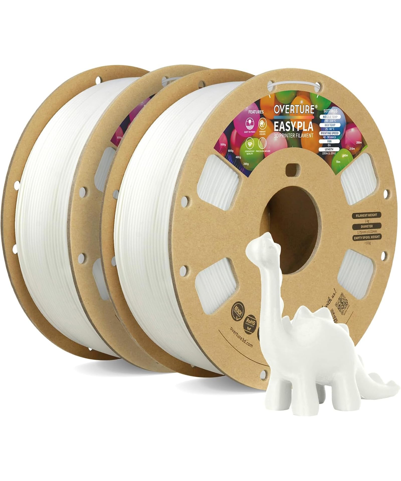 OVERTURE 2KG Bundle Easy PLA 1.75mm 3D Printer Filament, 2 Pack 1kg Spool (2.2lbs), Dimensional Accuracy +/- 0.02mm, Fit Most FDM Printe (Easy White*2)