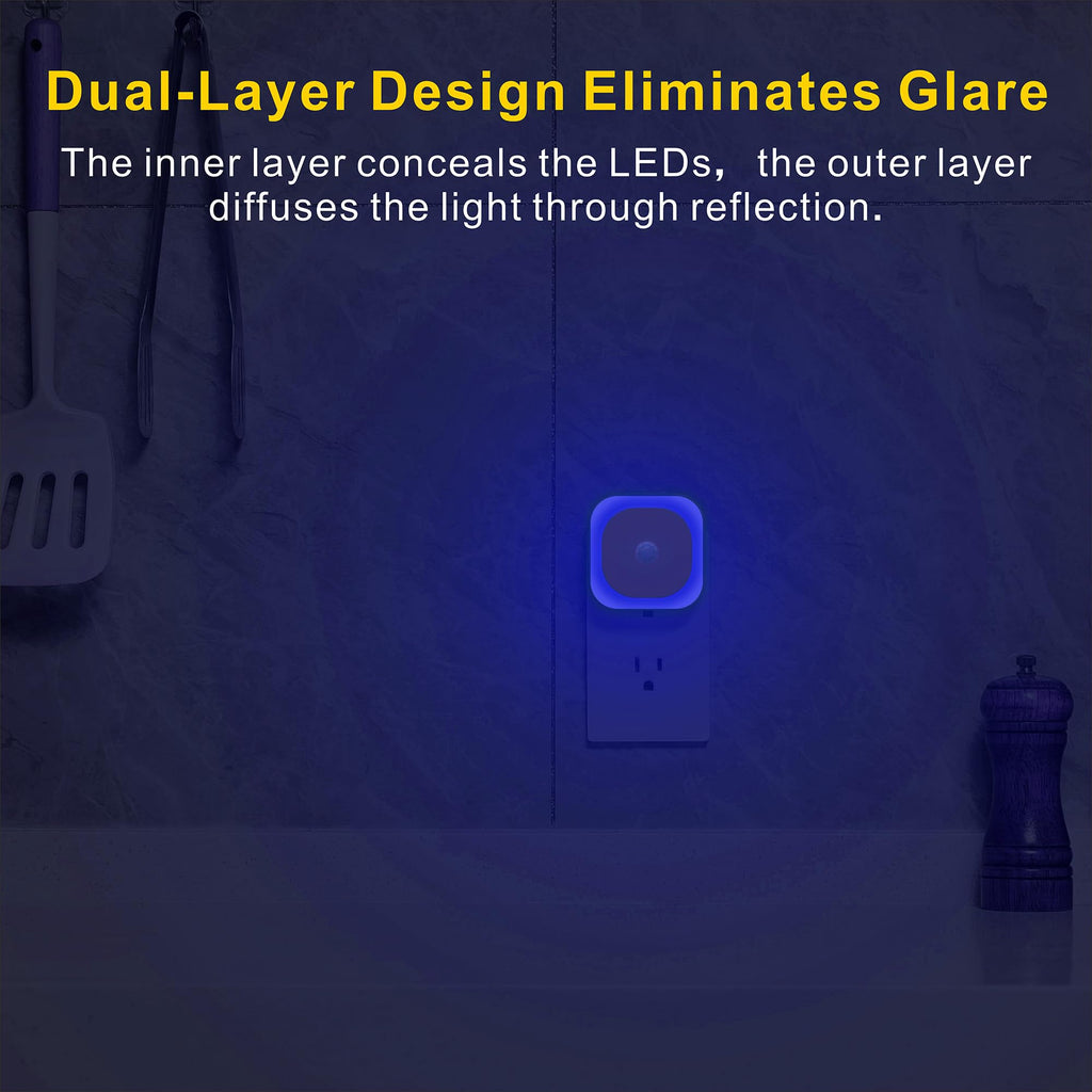 YUNLEX 2 Pack Plug in Night Light with Motion Sensor & Dusk to Dawn Sensor, 3 Sensor Modes, Blue Night Lights Plug into Wall, Dimmable Nightlight for Bathroom, Bedroom, Indoor