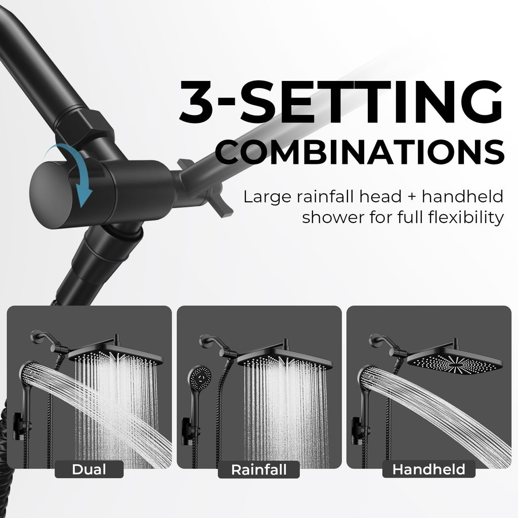 Seacity Wide Rain Shower Head With 5 Modes Handheld Showerheads, High Pressure Showerhead Combo with Extension Arm for Bathroom Accessories, Adjustable Shower Head with Anti-Clog Nozzles (Black)
