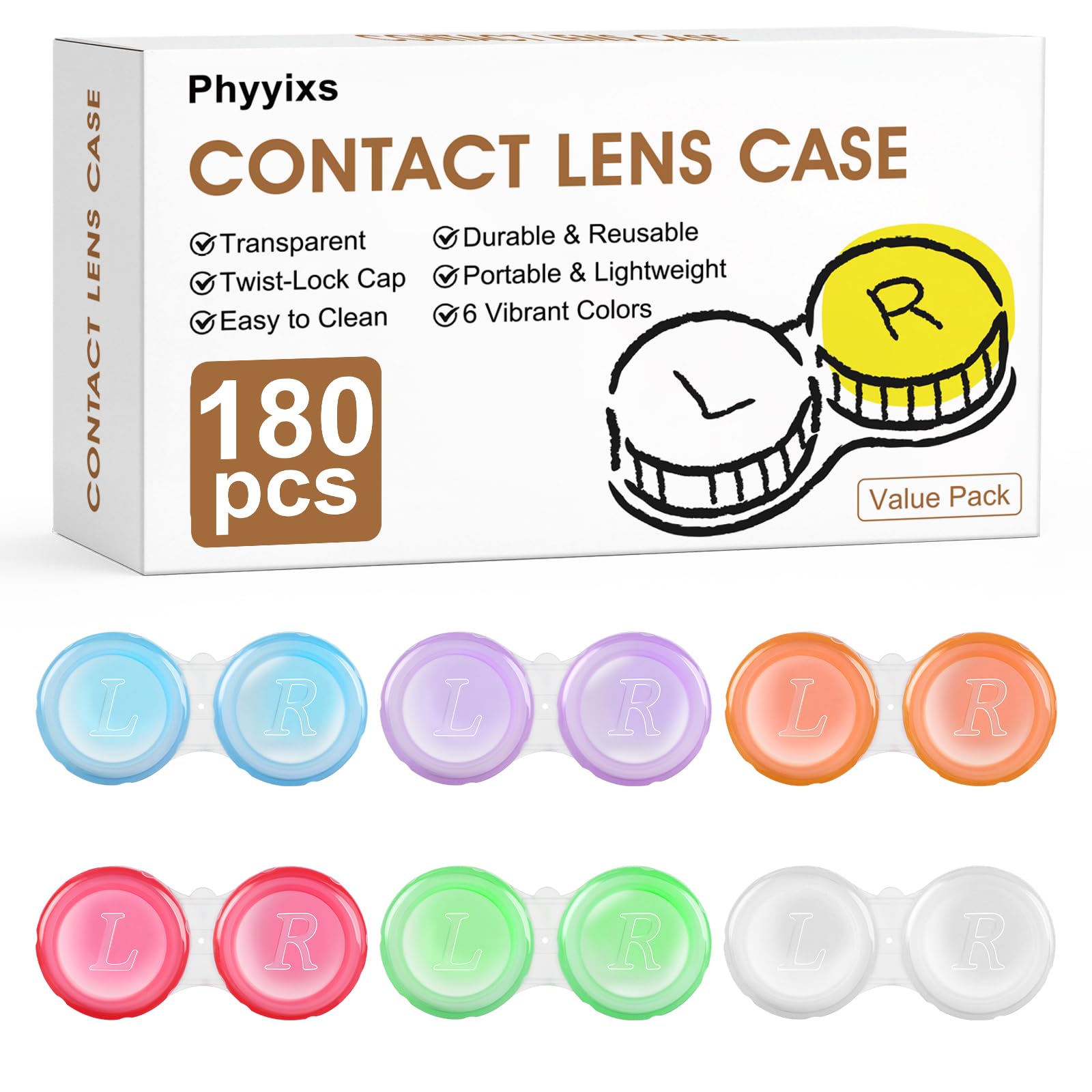 Phyyixs 180 Pack Contact Lens Cases Bulk, Transparent Cute Contact Lens Case for Home & Travel, 6 Color (180)