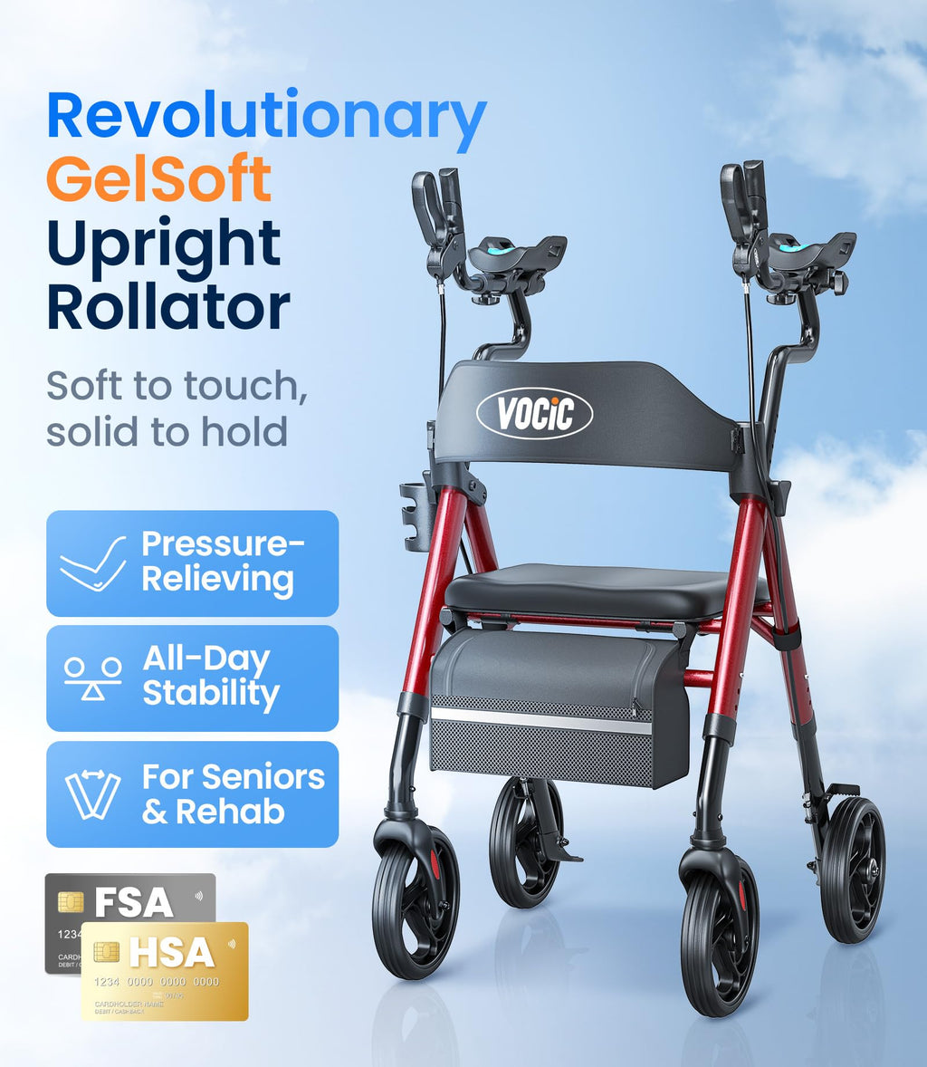 VOCIC Walkers for Seniors, Upright Walker with Adjustable Armrests, Z22 GelCool Stand Up Walker with Ergo Seat & Backrest, 8" All Terrain Rollator with 300lb,Cup& Cane Holder
