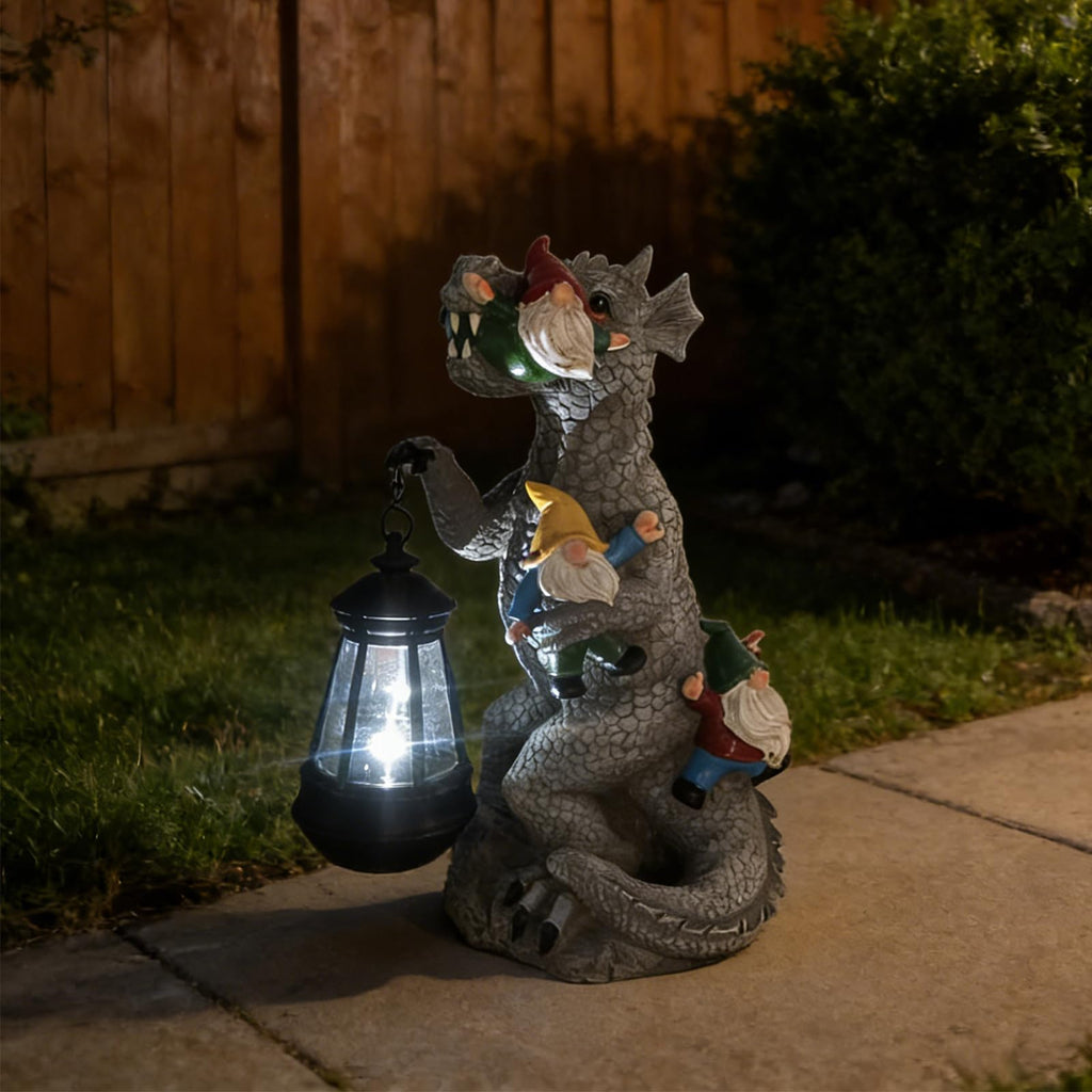 SAMPU CRAFT 12.3 Inch Dinosaur Garden Gnome Statue with Solar Lantern