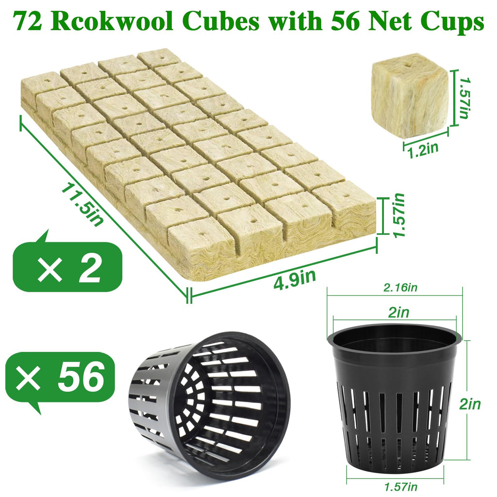 Halatool 72PCS 1.2" Rockwool Cubes & 56PCS 2" Net Cups for Hydroponics