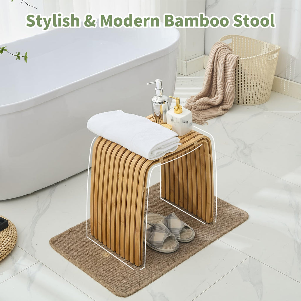 Bamboo Shower Bench, Non-Slip Shower Stool & 286 lbs, Waterproof Bathroom Stool Spa Bath Seat, Natural Bamboo Stool, Suitable for Multiple Settings: Bathroom, Bedroom, Dining room and Living room