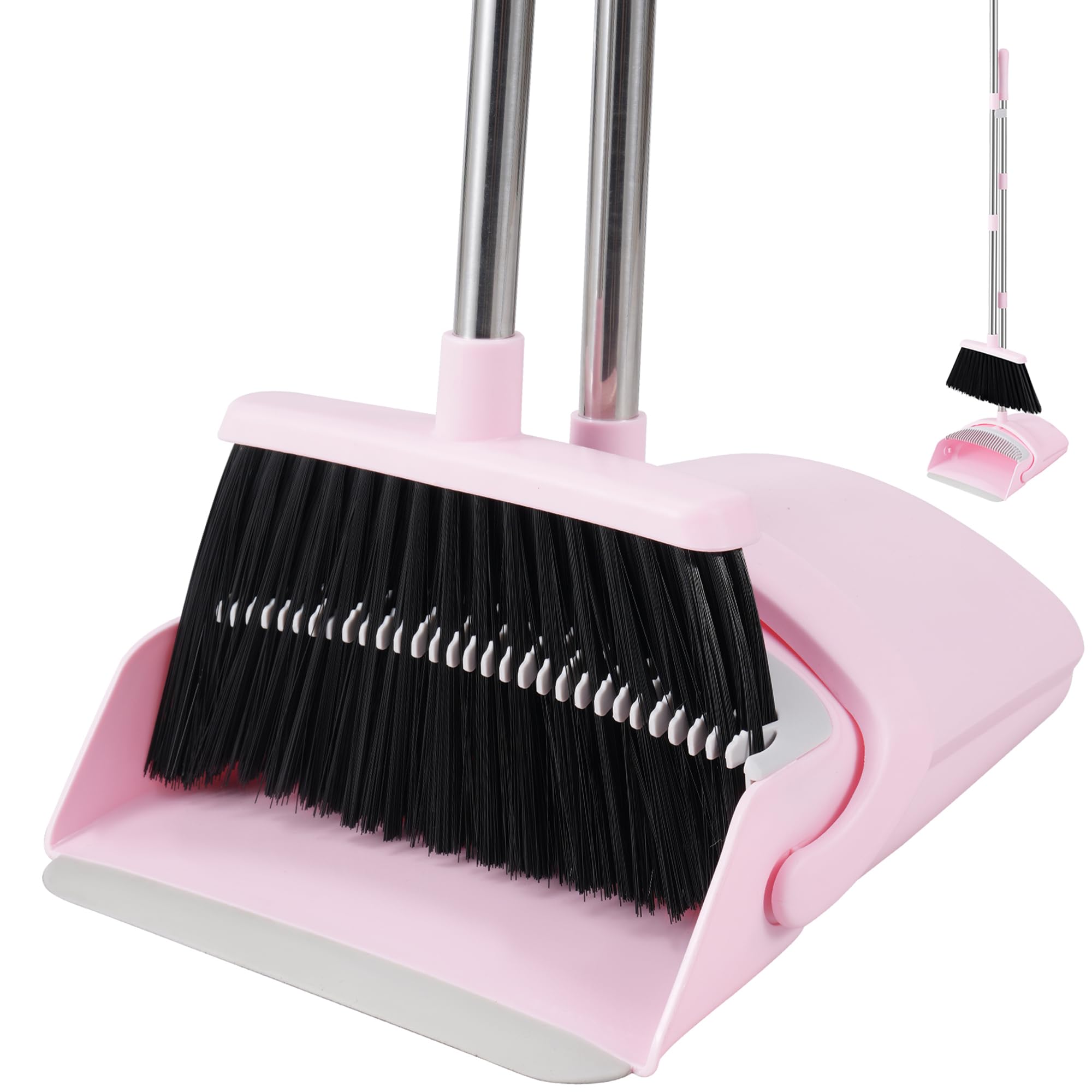 BSKLIN Broom and Dustpan Set House Brooms for Sweeping Indoor Collapsible Broom and Dust Pan Combo for Home Office Kitchen Lobby Floor Pet Hair (Pink)