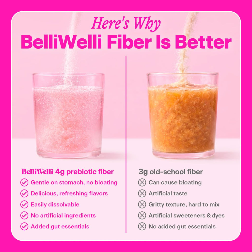 BelliWelli Fiber Supplement for Women & Men – Premium Daily Fiber Powder from Organic Acacia with Added Collagen, Electrolytes & Probiotics – No Bloat, Constipation & Gut Health Support (Peach Mango)