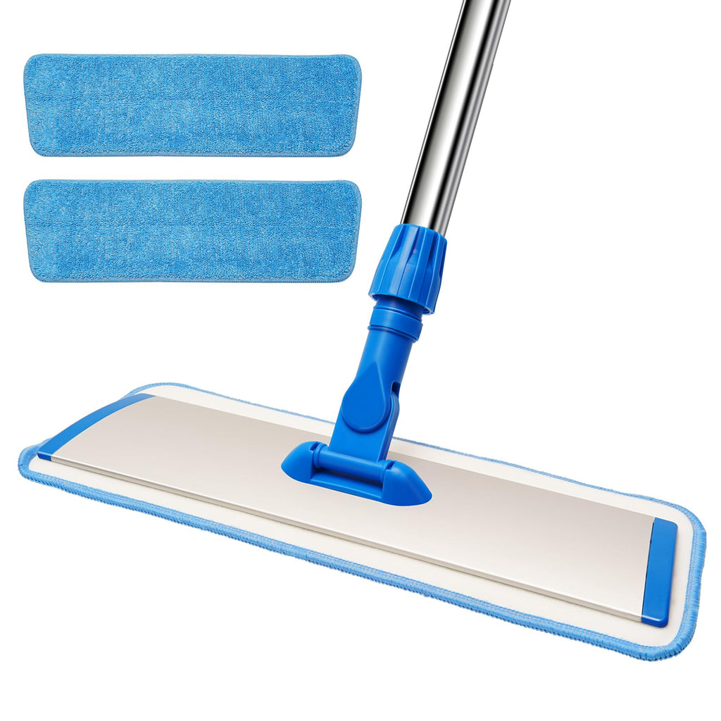 18" Professional Microfiber Mop Floor Cleaning, Flat Mop with Stainless Steel Handle,360-Spin Head with 2 Reusable Washable Pads, Microfiber Wet and Dust Mopping for Hardwood and Tile,Blue