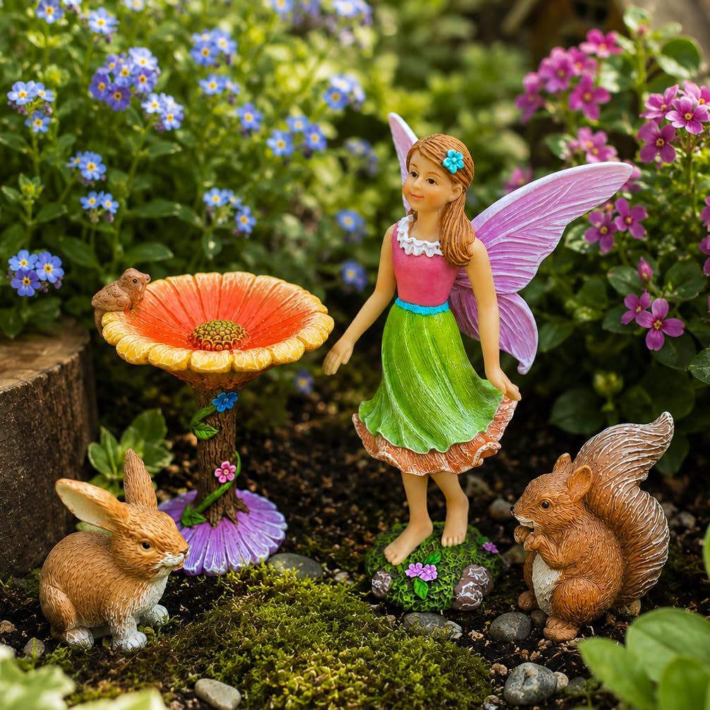 Mood Lab Fairy Garden Figurines with Flower - Miniature Decor Set (4 pcs) - Statues & Accessories - Outdoor Indoor Garden Decor