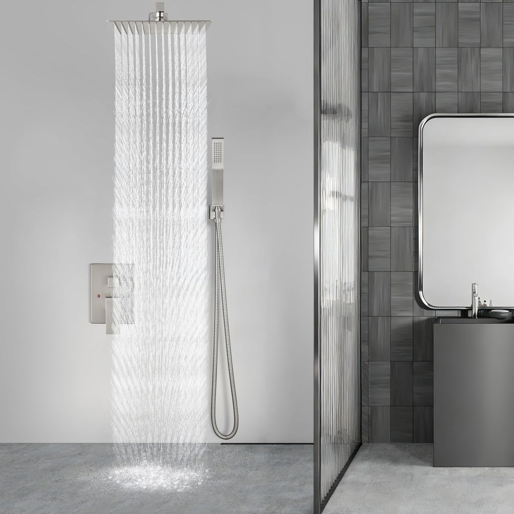 Aolemi Shower Faucet Set Rain Shower System with Handheld Spray Bathroom Shower Combo Rough-in Valve and Shower Trim Kit Included Brushed Nickel 16 Inch Wall Mount Shower Head