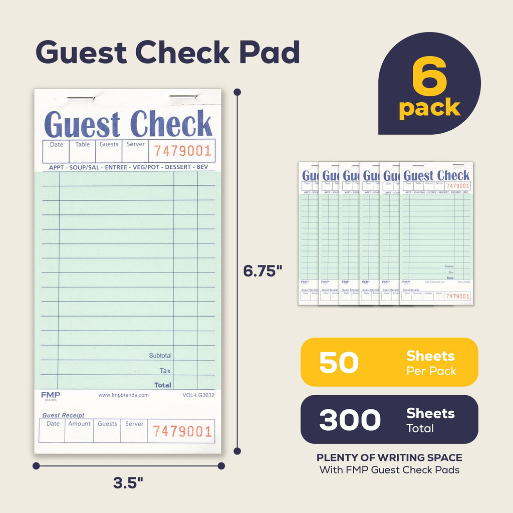 FMP Brands Guest Checks Pads 6 Pack 300 Orders, Server Note Pads, Light Green Guest Check for Servers, Waitress Notepad, Restaurant Order Pads Paper 50 Sheets/Book, Server Accessories