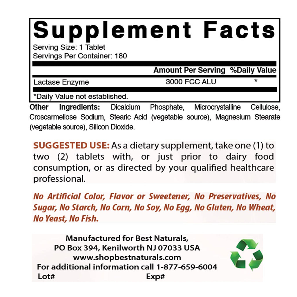 Best Naturals, Fast Acting Lactase Enzyme, 3000 FCC ALU, 180 Tablets (180 Count (Pack of 3))