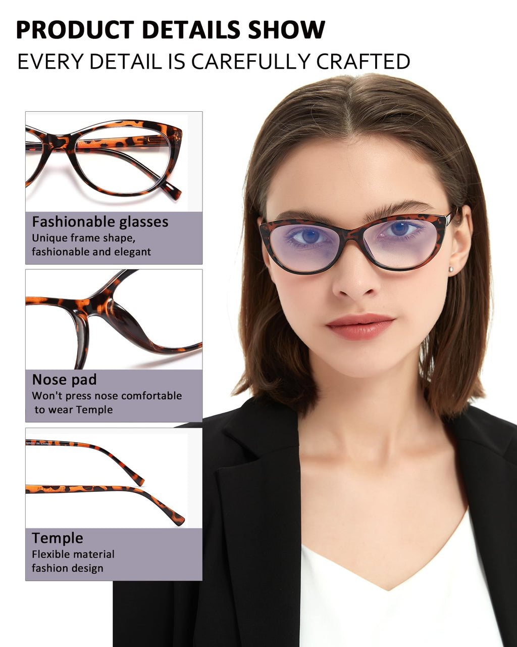 EYEURL 4 Pack Cat Eye Reading Glasses for Women, Blue Light Blocking Readers Lightweight Spring Hinge Anti Eyestrain UV Fashion Eyeglasses +1.50
