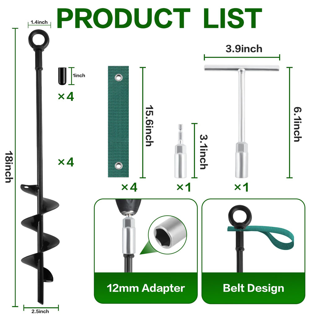 Qimshemi 18-Inch Ground Anchors Screw in Heavy Duty, 4 Pack Shed Anchor Kit with Wrenches and Straps, High Wind Trampoline Anchors & Stakes for Swing Sets, Camping Tent, Carport, Plants, Mobile Home