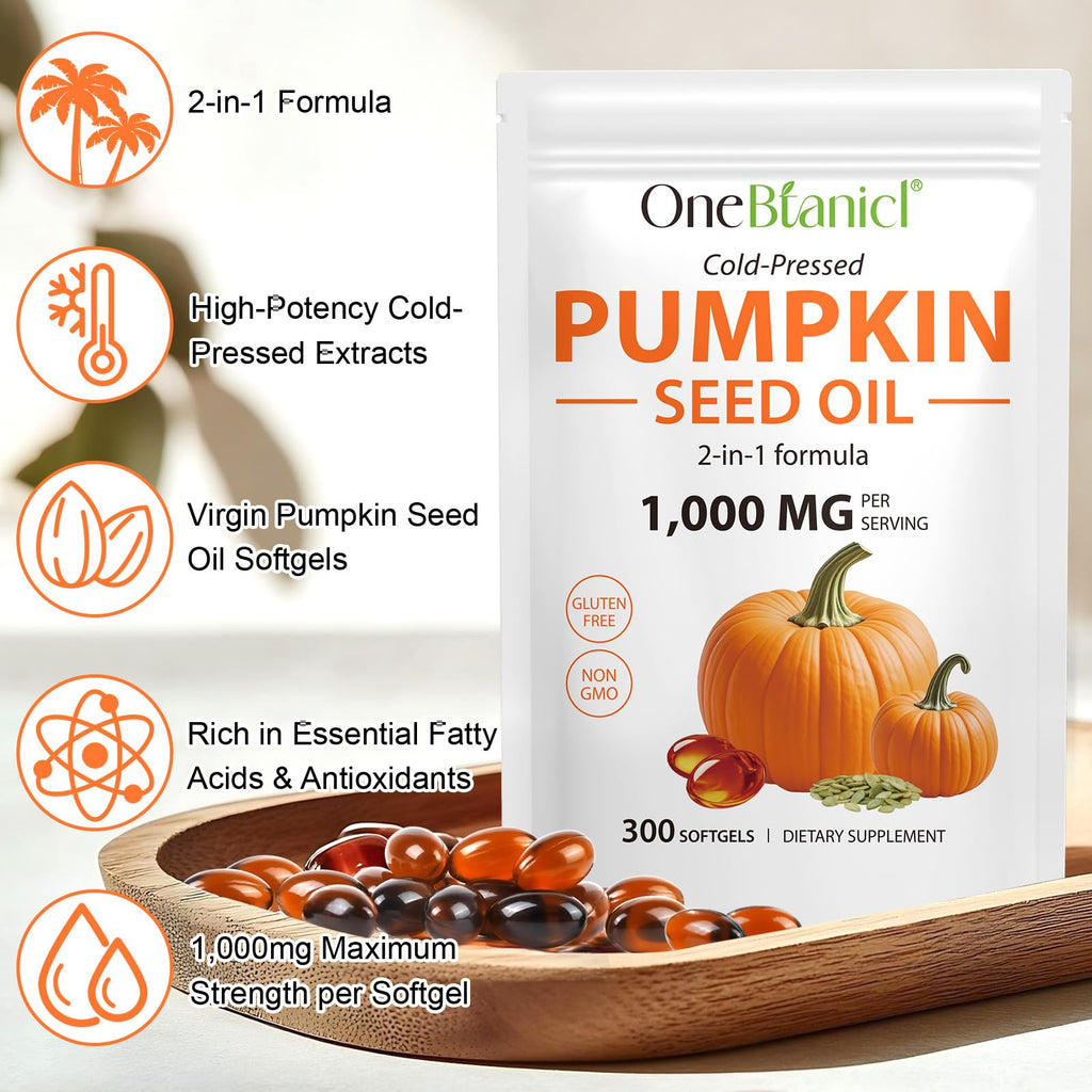 Pumpkin Seed Oil with Saw Palmetto, 1000mg per Serving, 300 Softgels – Cold Pressed Pumpkin Seed Oil Capsules for Hair, Prostate, Urinary & Bladder Health – Non-GMO, Gluten-Free, Pure & Natural