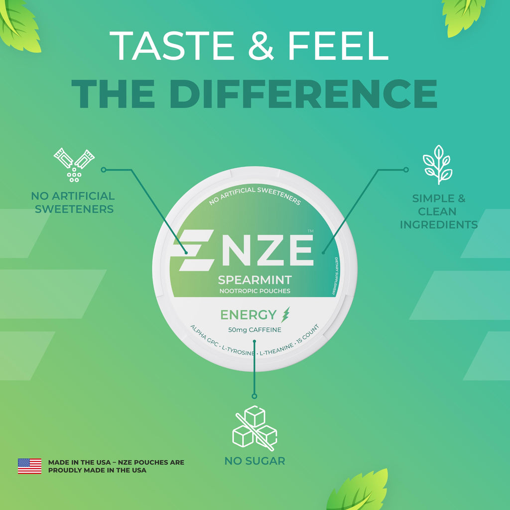 NZE Caffeine Nootropic Pouches (Spearmint) - Energy Pouches with 50mg Caffeine, Alpha GPC, L-Tyrosine & L-Theanine with No Sugar or Artificial Sweeteners - 15 Pouches Per Can - 5 Pack