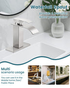 LUFG Bathroom Faucets Brushed Nickel Waterfall Bathroom Sink Faucet Modern Single Handle Bathroom Faucet for 1 or 3 Hole Mxier Tap Washbasin Faucet with Deck, Pop-up Drain and Supply Hoses