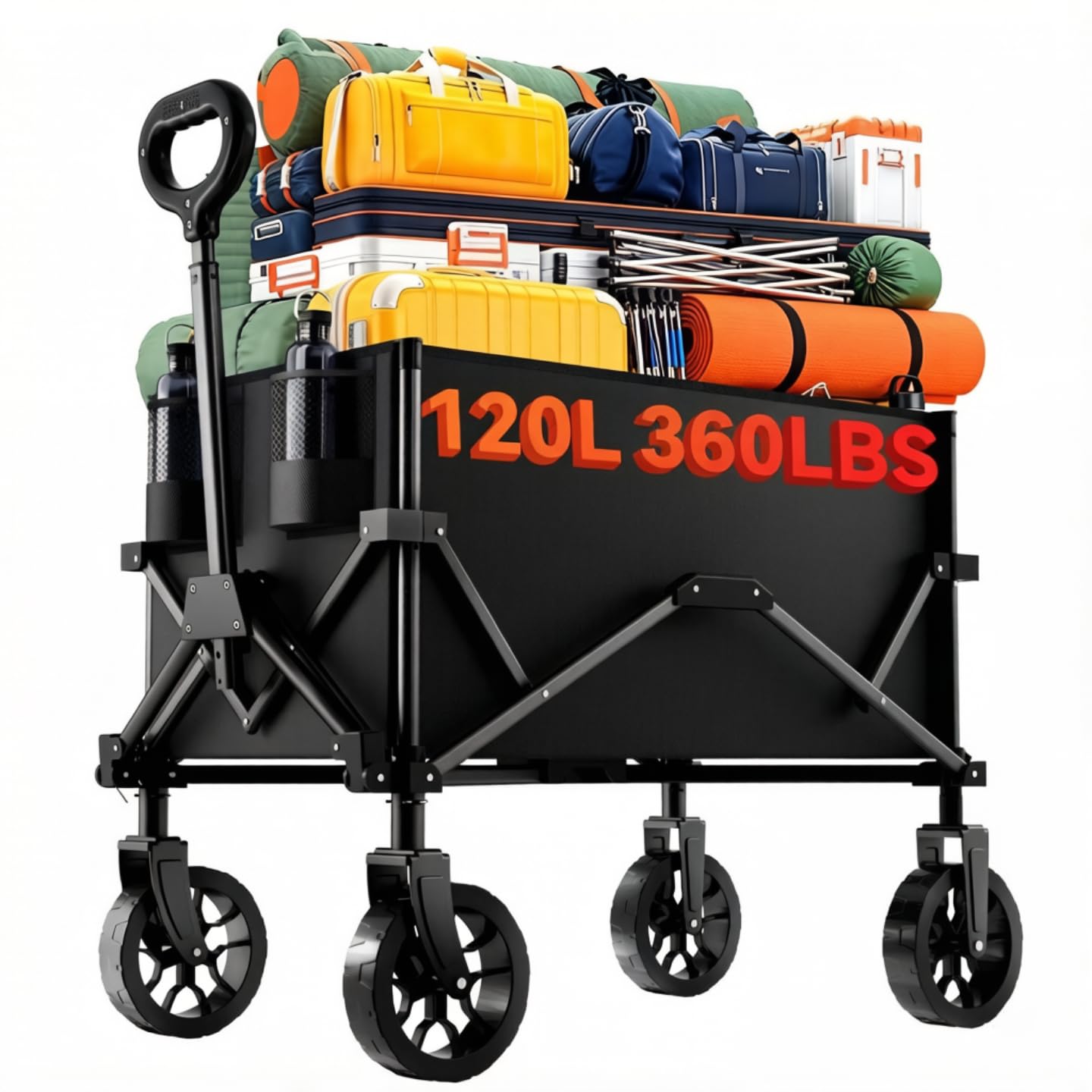Quindom Collapsible Folding Wagon, Wagon Cart Heavy Duty Foldable with Two Drink Holders, Utility Grocery Wagon for Camping Shopping Sports