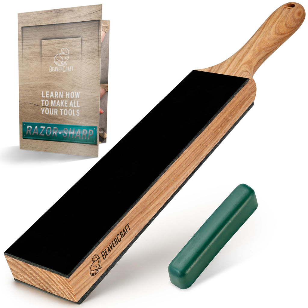 BeaverCraft Leather Strop for Knife Sharpening - Dual-Sided Knife Strop with Stropping Compound Kit - Honing Strop Block 14" for Woodcarving Tools, Chisel Knife Sharpening Kit Leather Sharpener LS6P1