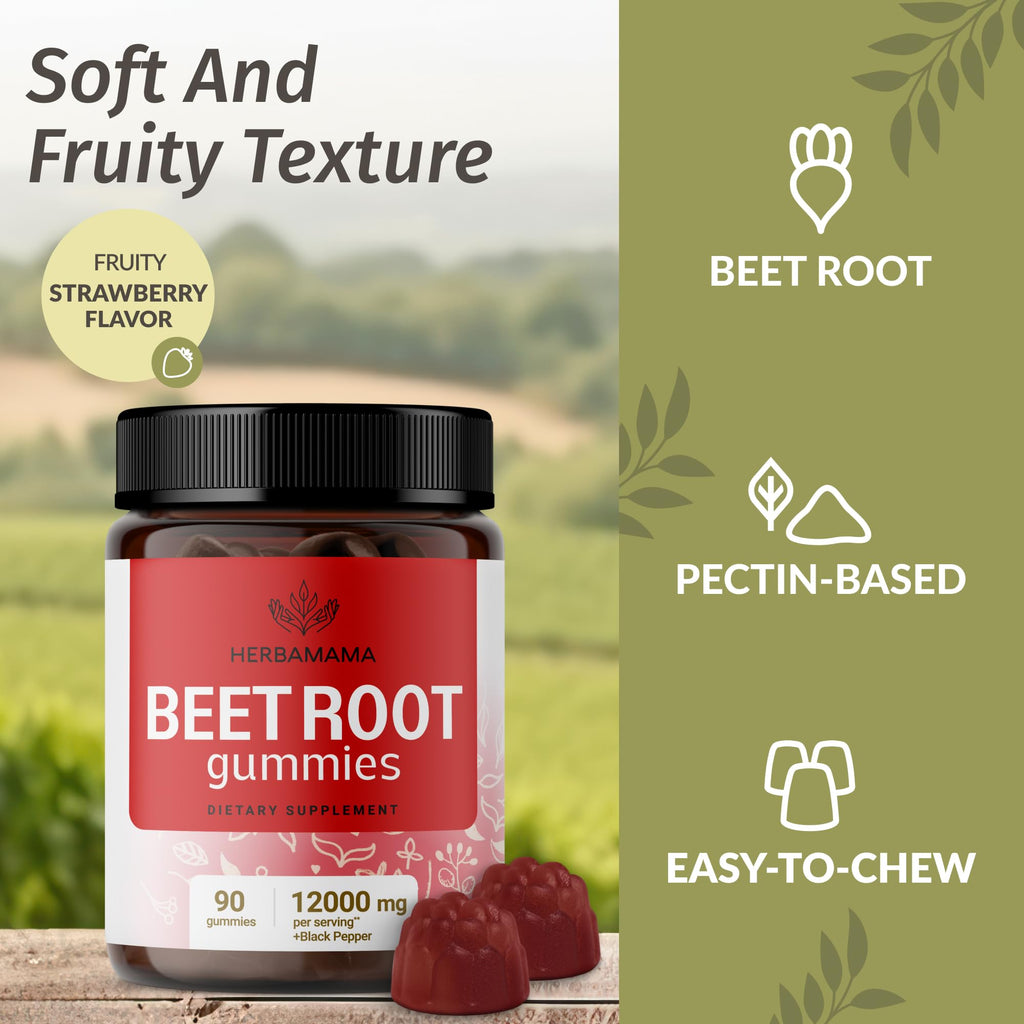 HERBAMAMA Beet Root Gummies - Beets Supplements for Energy & Immune Support - Circulation & Heart Support Supplements - 90 Beet Root Chews (45 Servings)