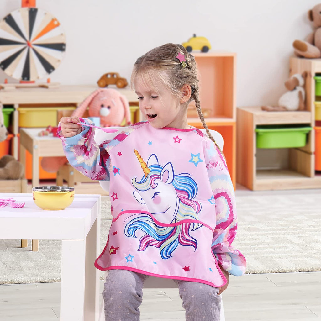 WERNNSAI Kids Art Smock for Girls - Kids Aprons Waterproof Toddler Art Painting Smock for Girl with Long Sleeve and 3 Pockets Painting Eating Cooking Baking Gardening Water Play Apron