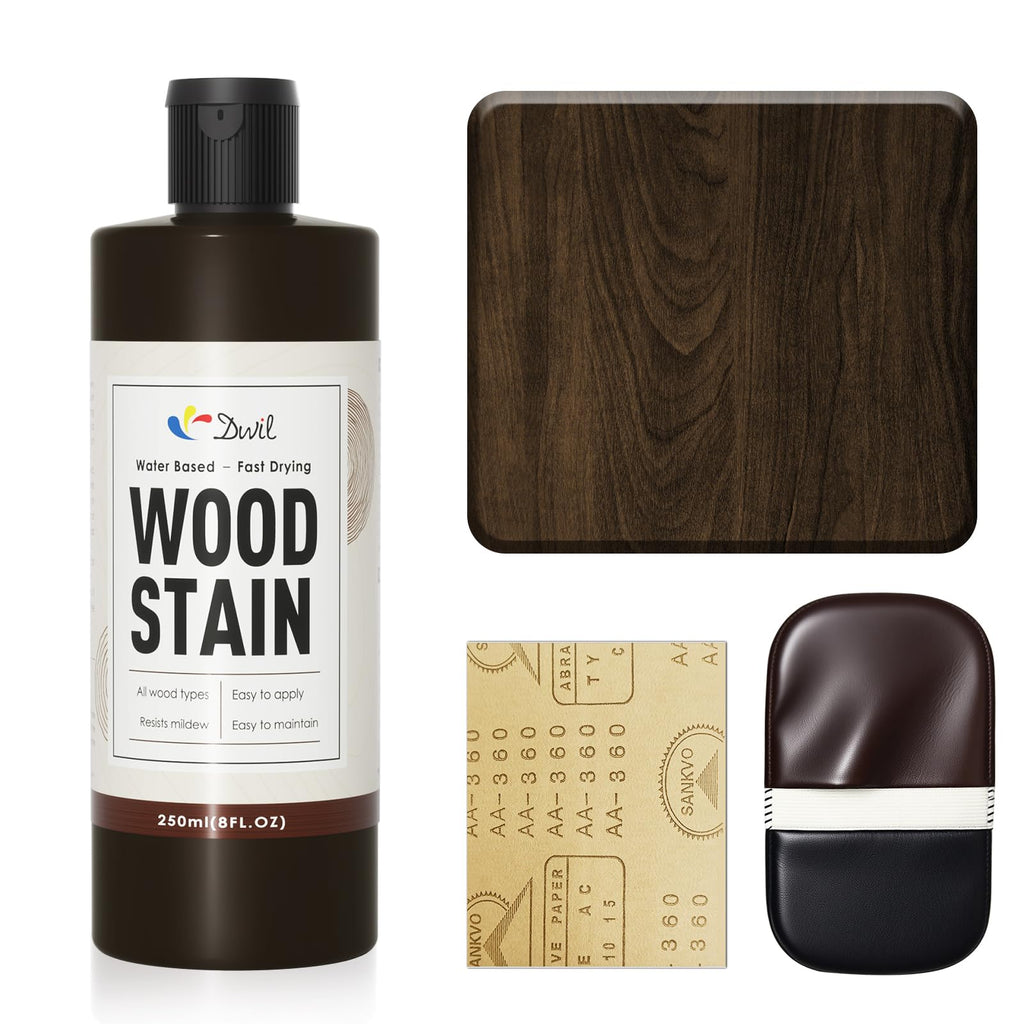 DWIL Water Based Wood Stain - Multiple Finishes, Fast Drying, Indoor and Outdoor Furniture, Wood Paneling, Cabinets and More, Low Odor ＆ Non-Toxic (8.5oz Black Walnut)-with Tools