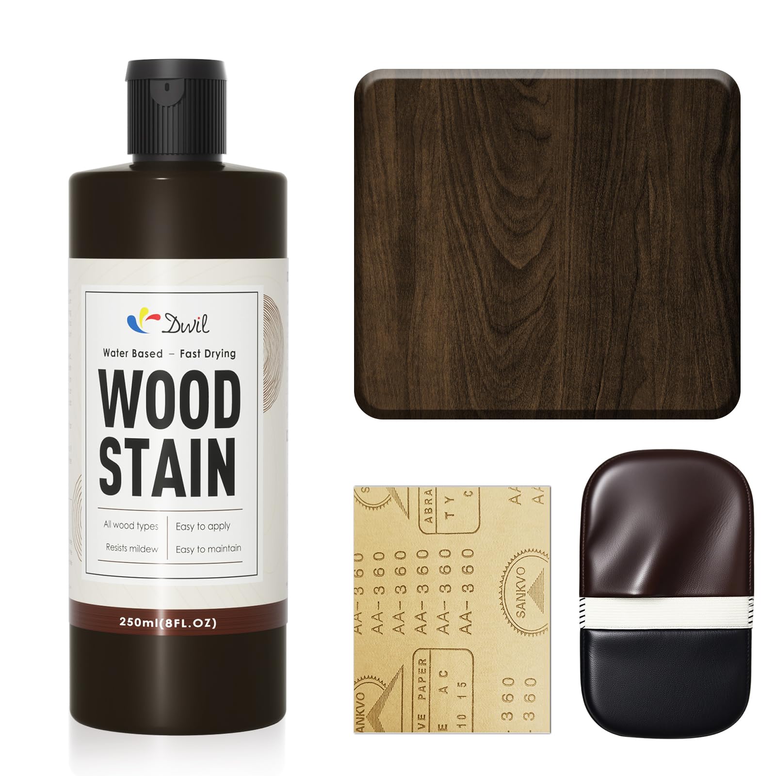 DWIL Water Based Wood Stain - Multiple Finishes, Fast Drying, Indoor and Outdoor Furniture, Wood Paneling, Cabinets and More, Low Odor ＆ Non-Toxic (8.5oz Black Walnut)-with Tools