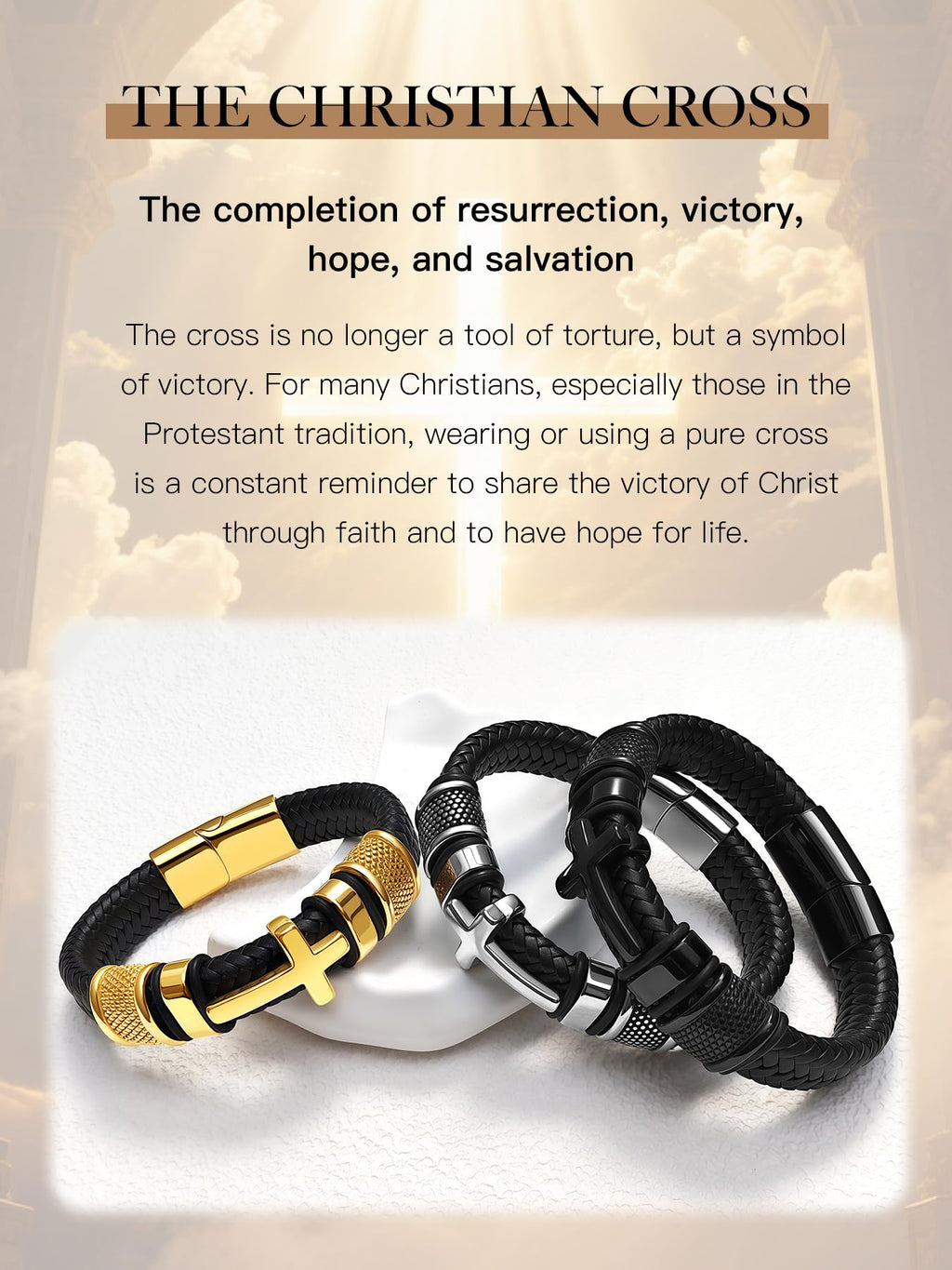 Oaldilee Black Cross Cuff Bracelet for Men, Stainless Steel Braided Leather Bible Verse Jesus Bracelet, Inspirational Faith Gift for Dad Brother Son Religious Baptism Confirmation Gifts, 9 Inches