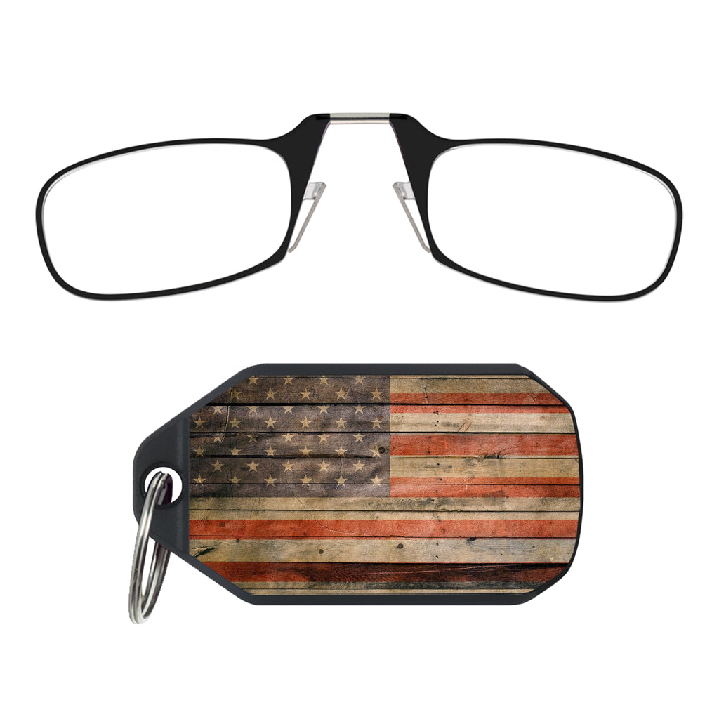 ThinOptics Keychain Readers Rectangular Reading Glasses, Printed Flag Case/Black Frames, 44 mm + 1.5