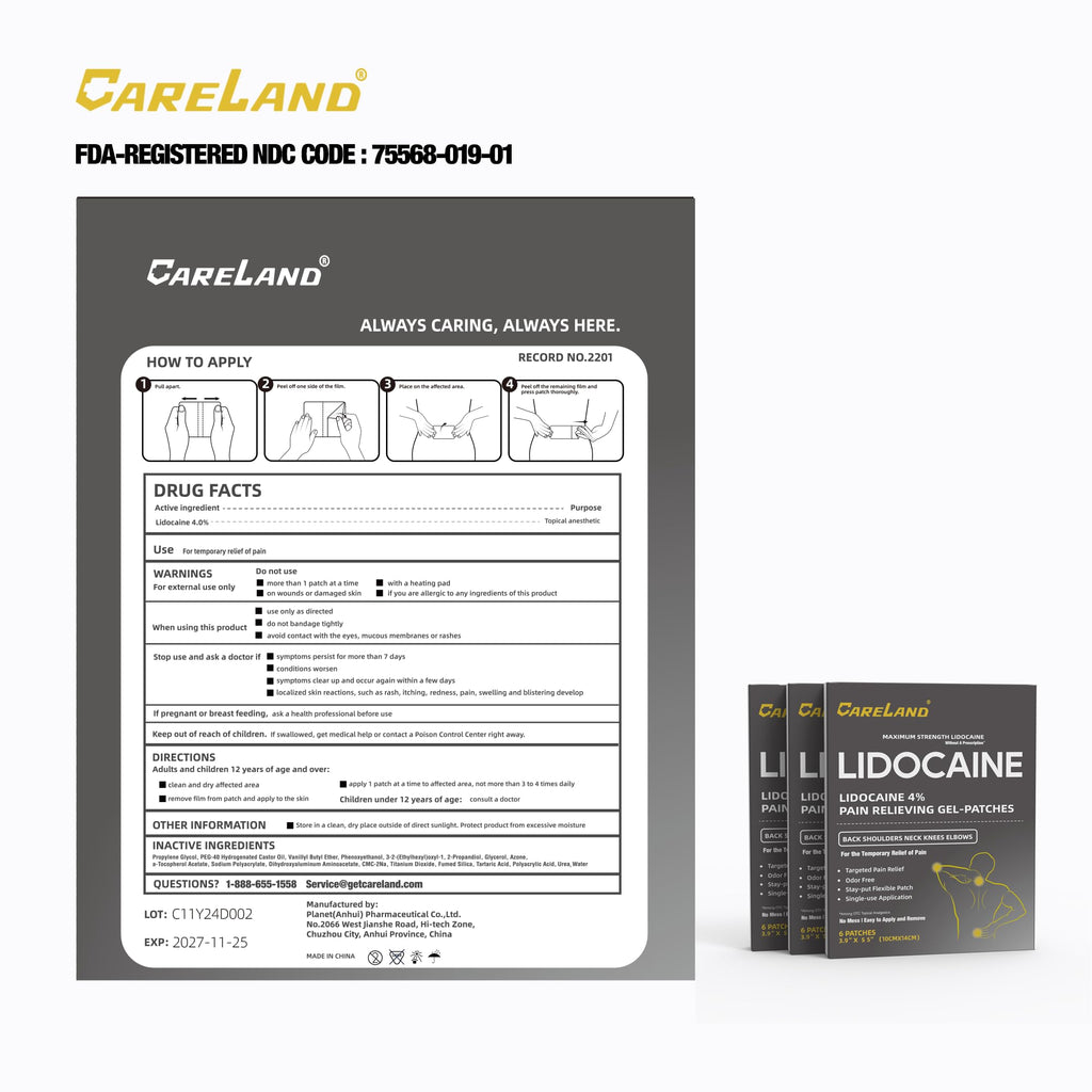 CARELAND Lidocaine Gel Patch, 18 Count Maximum Strength Pain Patches for Muscle Relief in Neck Knee Back and Shoulders Unscented Numbing Patch for Soothing Nerves, Joints