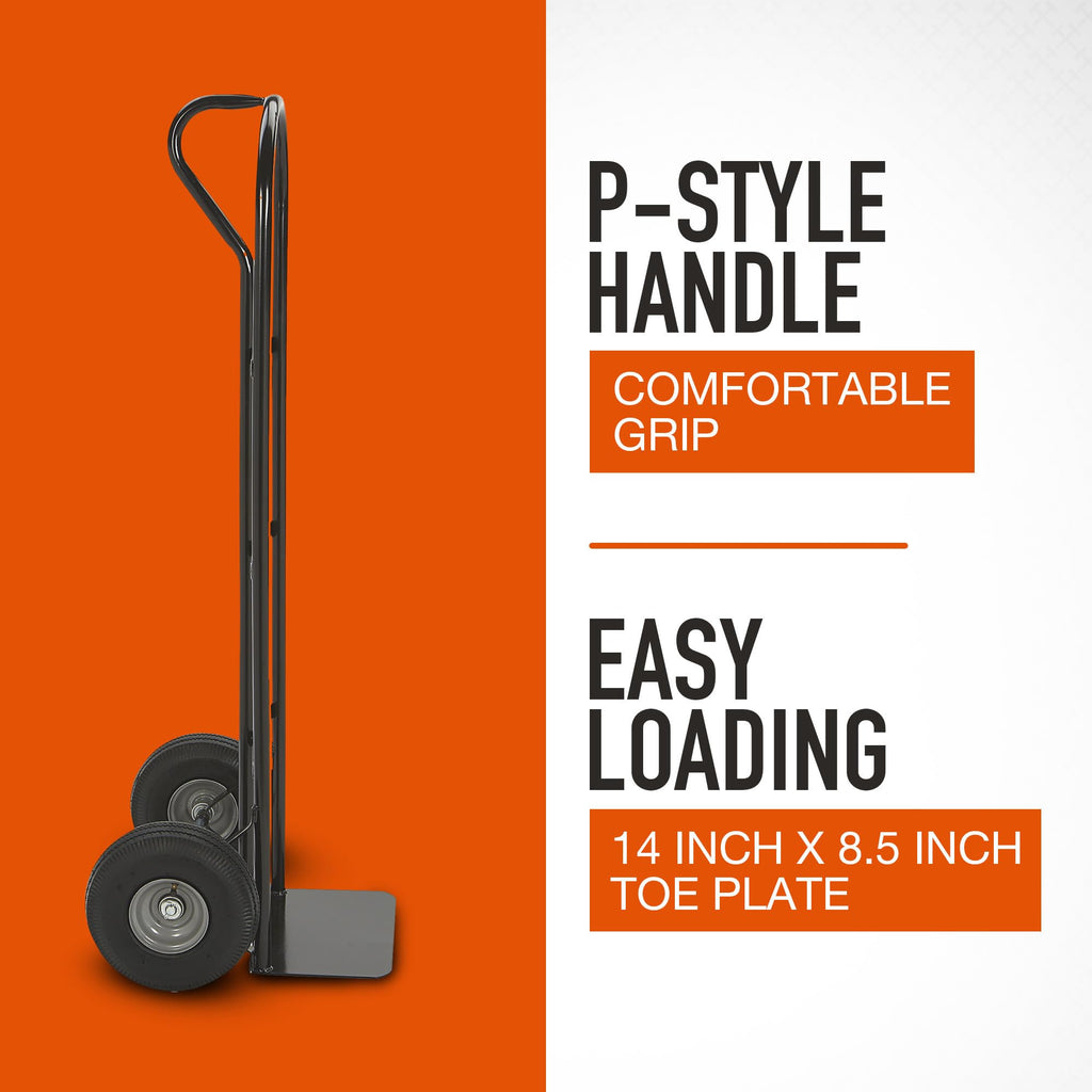 Ironton Steel Pneumatic Hand Truck Dolly, 600-Lb Capacity, Heavy-Duty Steel Frame, 10-in Pneumatic Tires, P-Style Handle, 14" x 8.5" Toe Plate