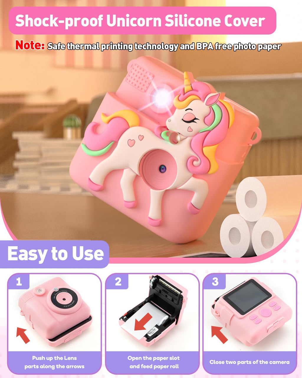 Kids Camera Instant Print,1080P Digital Camera Toy for 3-8 Girls