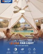 NWOP 20 Inch Plug-In Outdoor Ceiling Fan with Light and Remote, Waterproof Wet Rated Mini Ceiling Fan for Small Spaces, 5 Blade Quiet Compact Ceiling Fan for Patio Balcony Gazebo Porch, Platinum