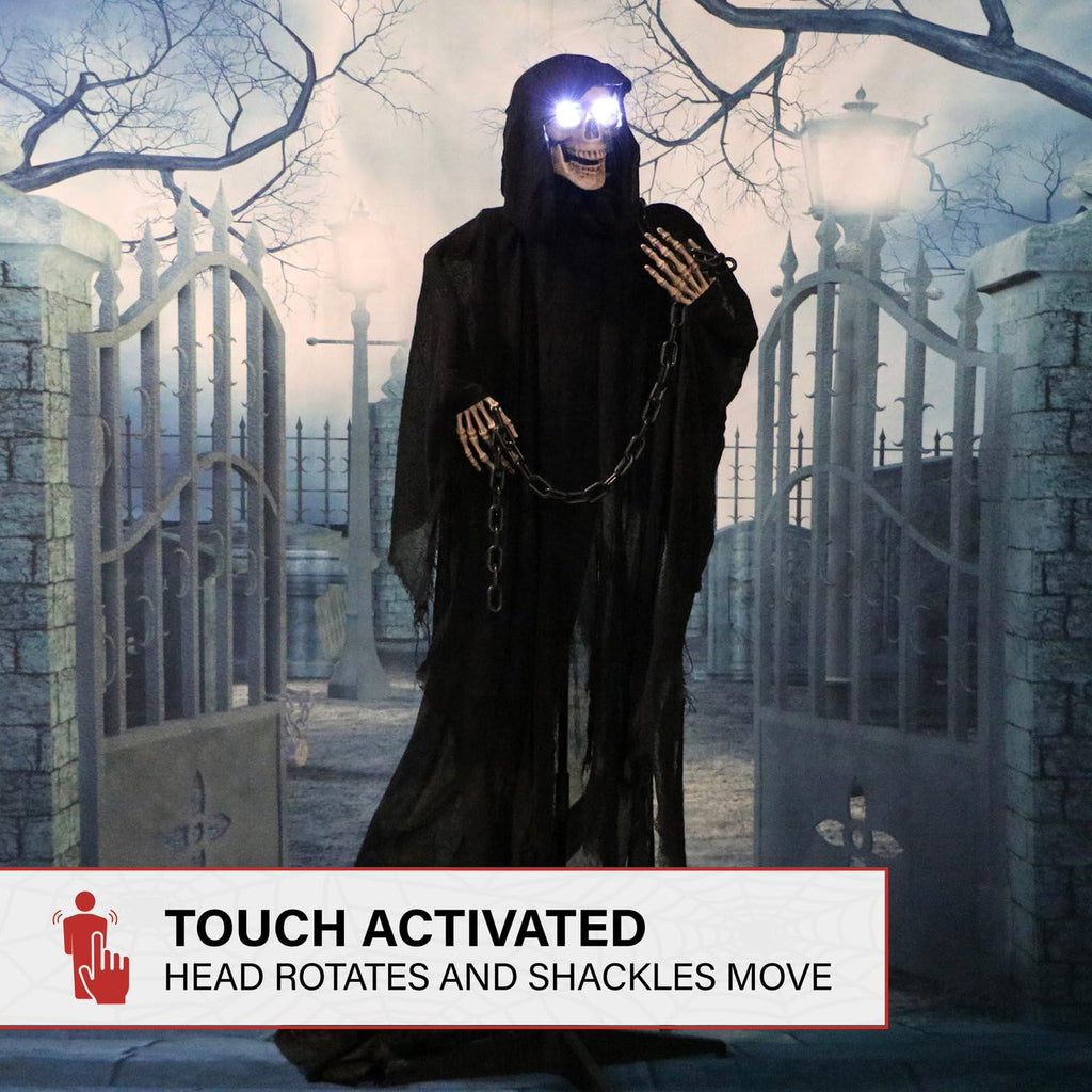 Haunted Hill Farm Life-Size Scary Grim Reaper with Chain, Halloween Animatronic with Touch Activated Lights and Sounds, Battery Operated Indoor or Covered Outdoor Halloween Decorations, Halloween Prop
