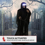 Haunted Hill Farm Life-Size Scary Grim Reaper with Chain, Halloween Animatronic with Touch Activated Lights and Sounds, Battery Operated Indoor or Covered Outdoor Halloween Decorations, Halloween Prop