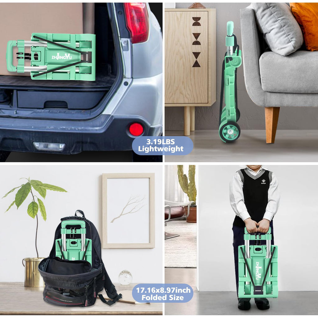 Folding Hand Truck Dolly Cart,Collapsible Shopping Trolley,Mini Lightweight Hand Dolly,Backpack Trolley,Luggage Cart,Aluminum Telescopic Rod,2 Wheel Trolley Expandable Large Chassis,Mint Green