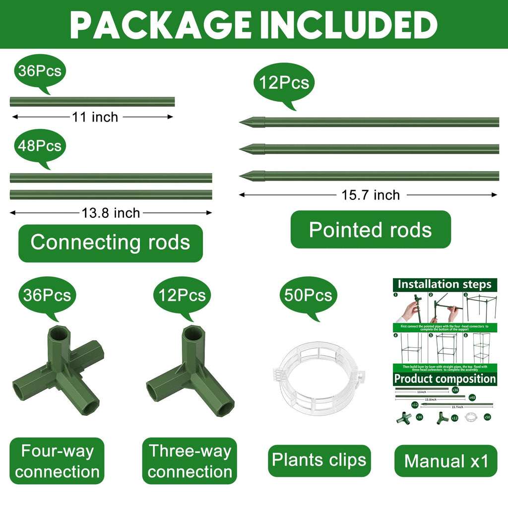 3 Pack Tomato Cage, 14.5" W x 53" H Square Tomato Trellis with 50 Pcs Clips