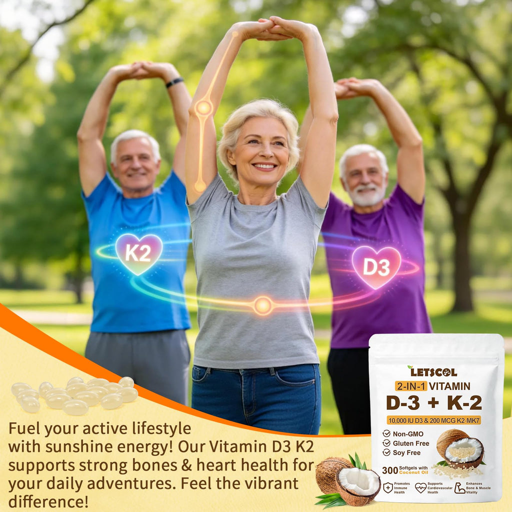 LETSCOL 2-in-1 Vitamin D3 K2 Supplement Softgel, Vitamin D3 10000 IU and Vitamin K2 200 mcg, K2 MK7 with D3 Vitamin Supplement Support Immune, Heart, Joint, Teeth & Bone Health