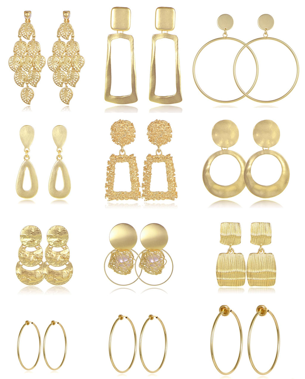 Tornito 12 Pairs Clip on Drop Earrings Leaf Round Square Trapezoid Rectangle Hoop Geometric Drop Dangle Statement Earrings Lightweight Clip on Earrings Non Piercing Set for Women Gold Tone