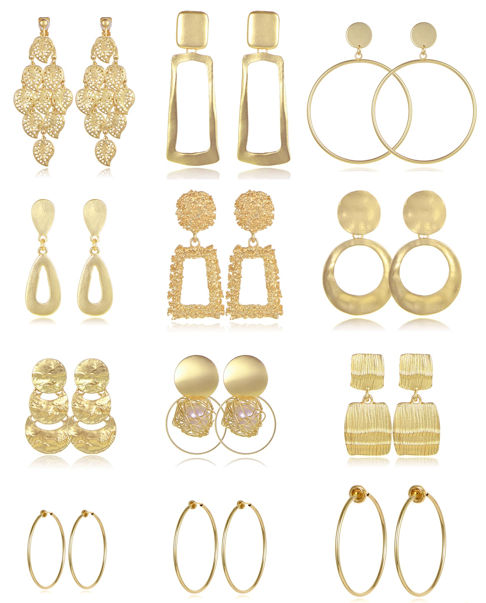 Tornito 12 Pairs Clip on Drop Earrings Leaf Round Square Trapezoid Rectangle Hoop Geometric Drop Dangle Statement Earrings Lightweight Clip on Earrings Non Piercing Set for Women Gold Tone