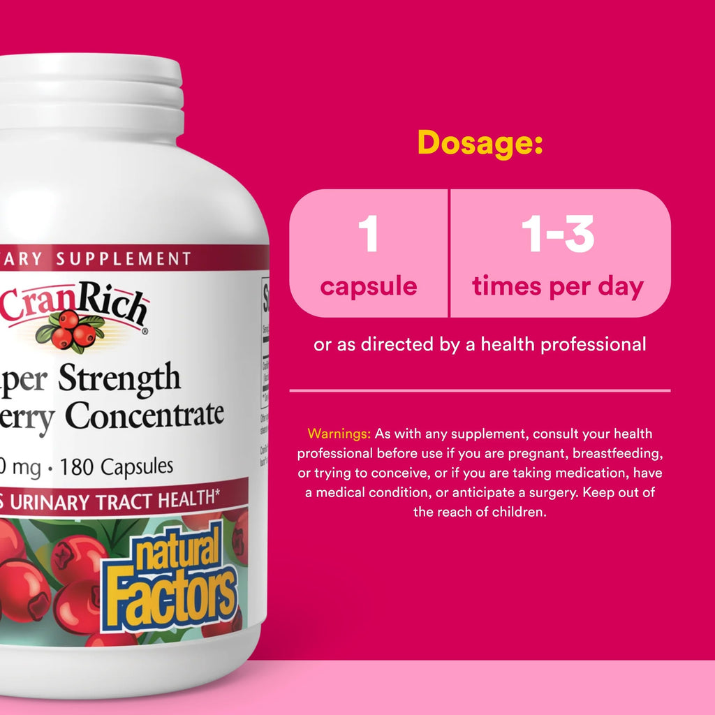 Natural Factors CranRich Super Strength Cranberry Concentrate - Antioxidant Support Supplement - Aids Urinary Tract & Bladder Health - 180 Capsules (180 Servings)