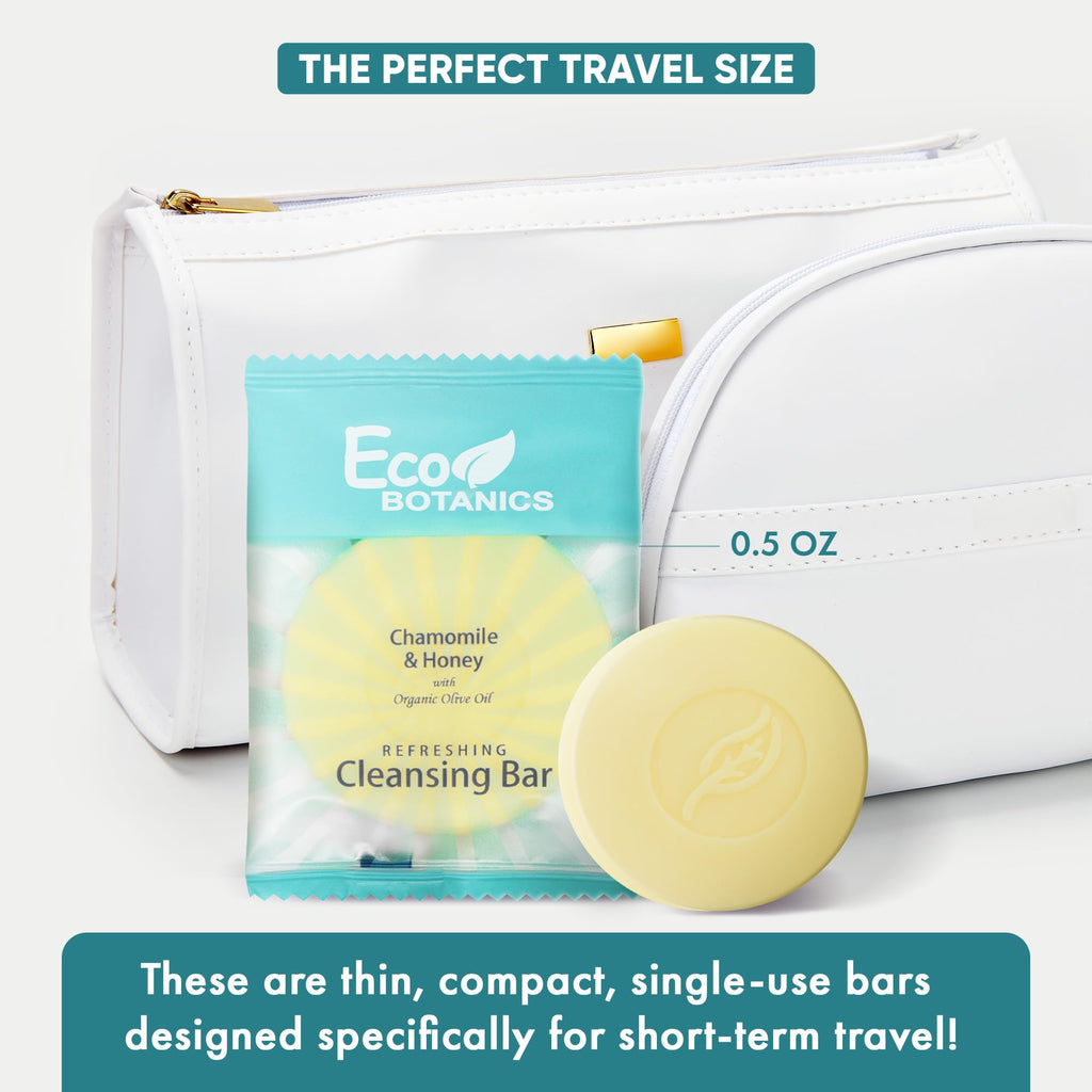 Eco Botanics Travel Size Hotel Cleansing Soap Bar 100 Count 0.5 oz Bottles Guest Amenities for Hotels Vacation Rentals & Short Term Rentals Paraben Free White Tea Scent with Aloe & Olive Oil