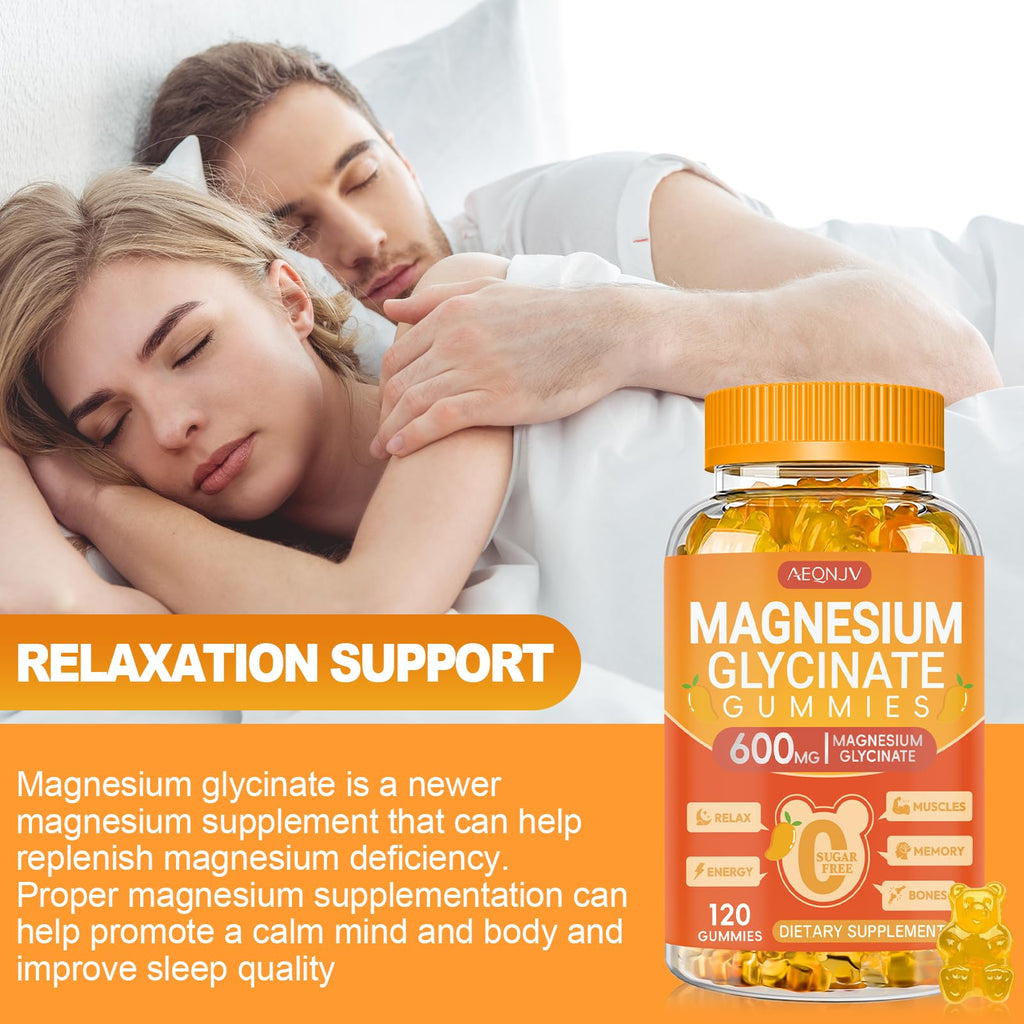Magnesium Glycinate Gummies 600mg, Chewable Sugar Free Potassium Magnesium Gummies with Magnesium Glycinate, Vitamin D, B6 and CoQ10 for Sleep, Relaxation, Brain & Muscle, 120 Count
