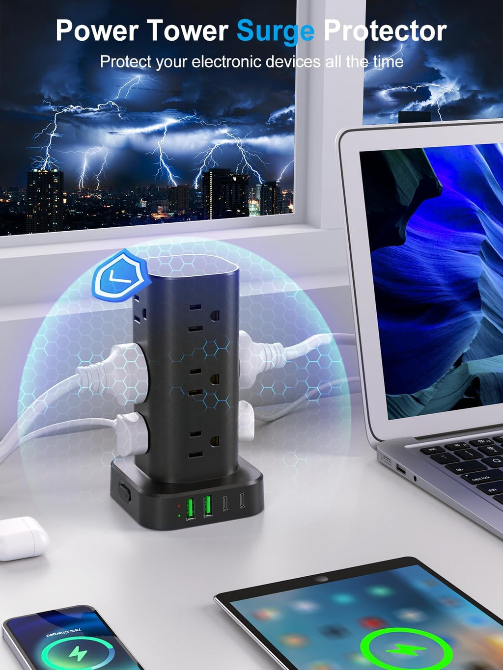 6FT Power Strip Tower Surge Protector, 12 Wide Spaced Outlets, 4 USB