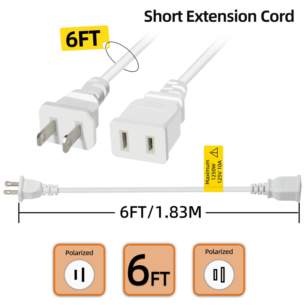 6FT 2 Prong White Slender Short Extension Cord, 18AWG NISPT-2 10A 125V Polarized Plug - Indoor Small Single Power Cord Wire for Christmas Lights, Behind TV/Couch, Home Office Use (2 Pack)