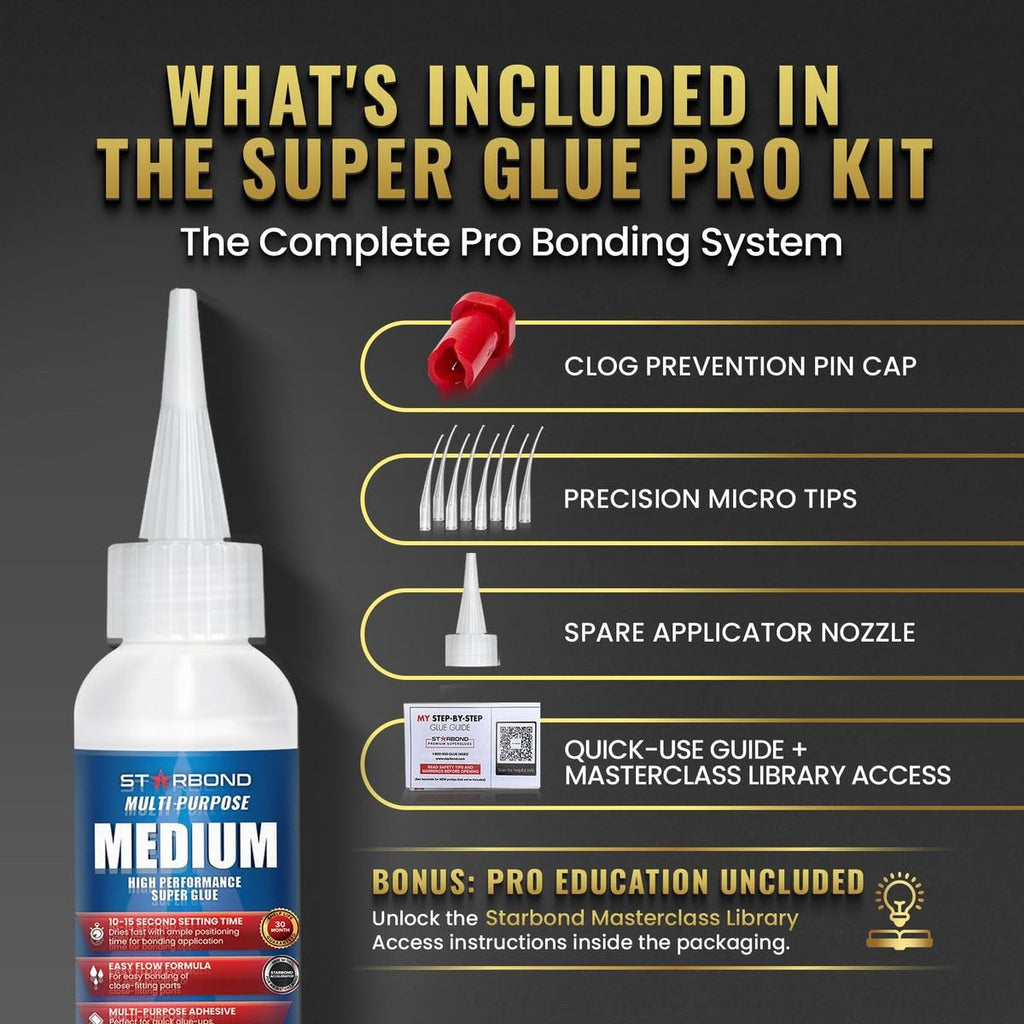 Starbond Medium Super Glue Pro Kit (2 oz) – Strong, Fast, All-Purpose CA Glue (Cyanoacrylate Adhesive) – with Anti-Clog Cap, Precision Tips & Extra Nozzles for Woodworking, Quick Fixes & Hobby Models
