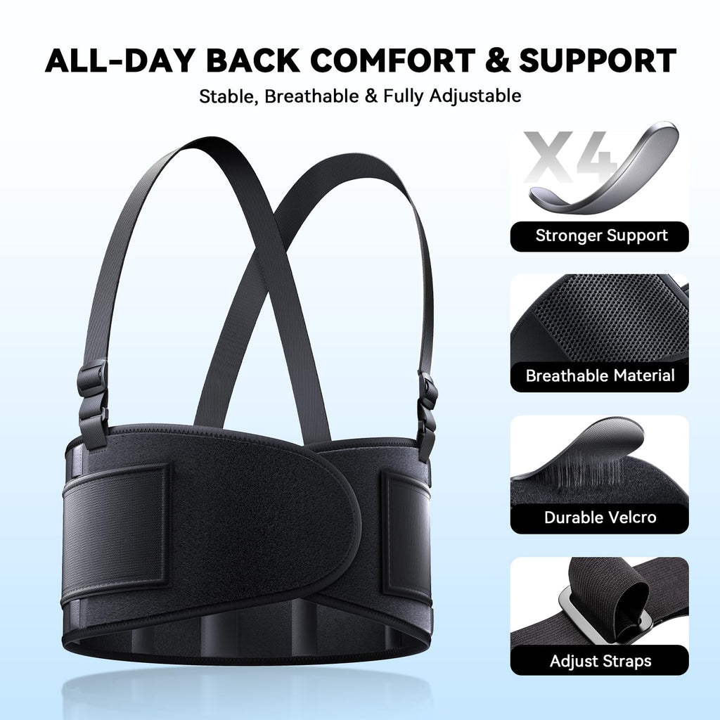 SOLOEVER Work Back Brace for Men & Women, Adjustable Lower Back Support Belt for Sciatica, Herniated Disc, Pain Relief, Moving Warehouse Heavy Lifting Safety & Protection (Black, XX-Large)