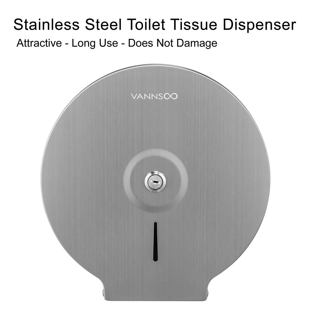 VANNSOO Commercial Jumbo Toilet Paper Dispenser, Wall Mount Stainless Steel 9 Inch Roll Toilet Paper Holder Bath Tissue Dispenser Lock Key (Brushed)