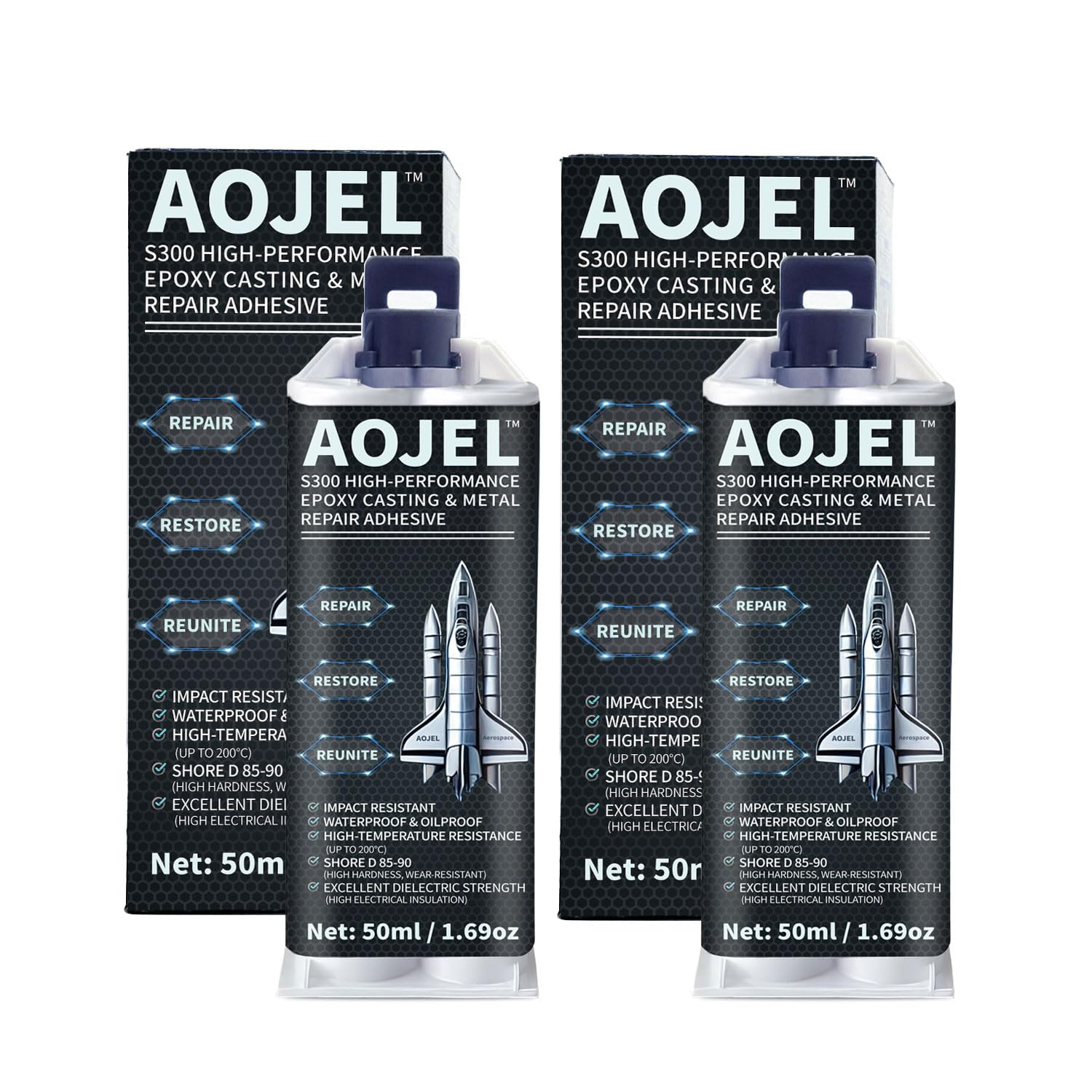 AOJEL 2-Pack Metal Epoxy, 2-Part Structural Repair Adhesive for Metal & Aluminum Repair, Load-Bearing, Waterproof, Heat Resistant to 392°F, Drillable After Cure, Total 3.38 oz