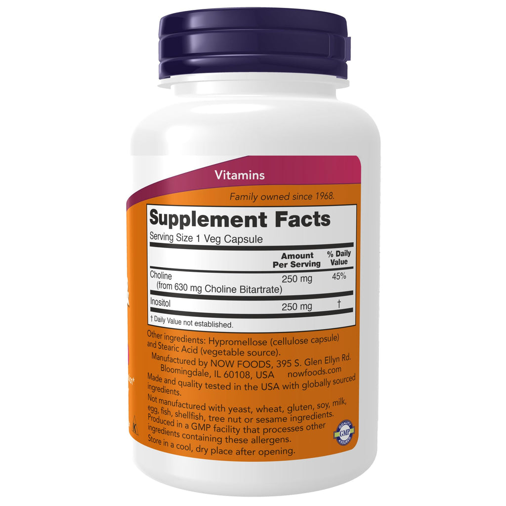 NOW Foods Supplements, Choline & Inositol 500 mg, Healthy Nerve Transmission*, Nervous System Health*, 100 Capsules (Pack of 2)