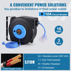 VEVOR Retractable Extension Cord Reel, 30 FT, Heavy Duty 16AWG/3C SJTOW Retractable Power Cord Reel with Lighted Triple Tap Outlet 10 Amp Circuit Breaker, for Ceiling or Wall Mount, Blue
